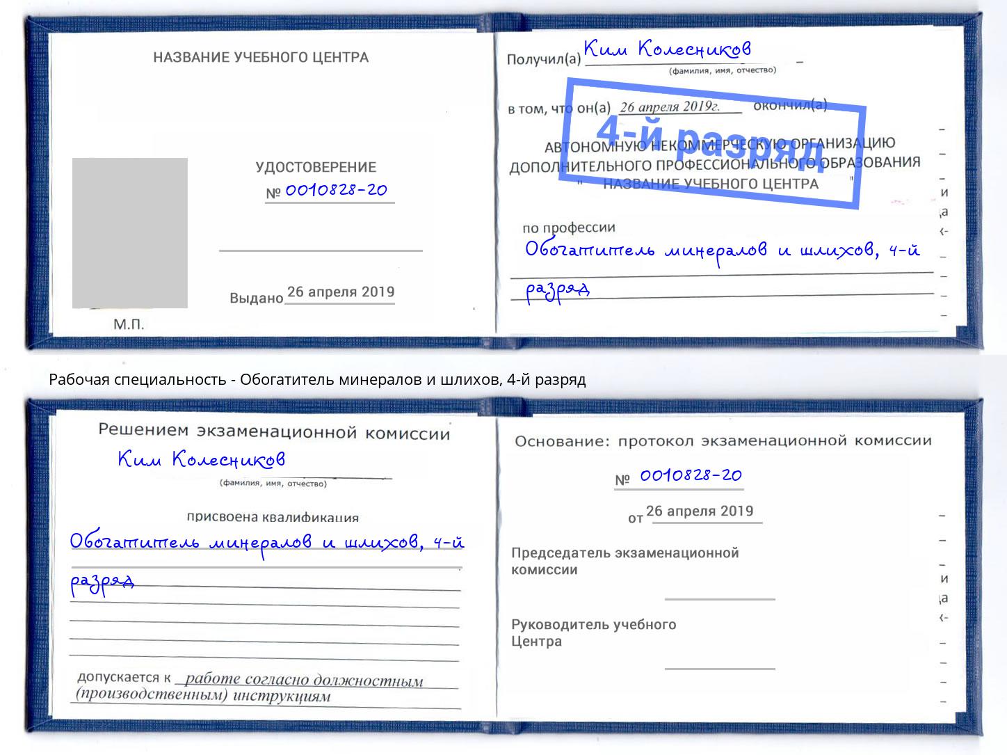 корочка 4-й разряд Обогатитель минералов и шлихов Партизанск