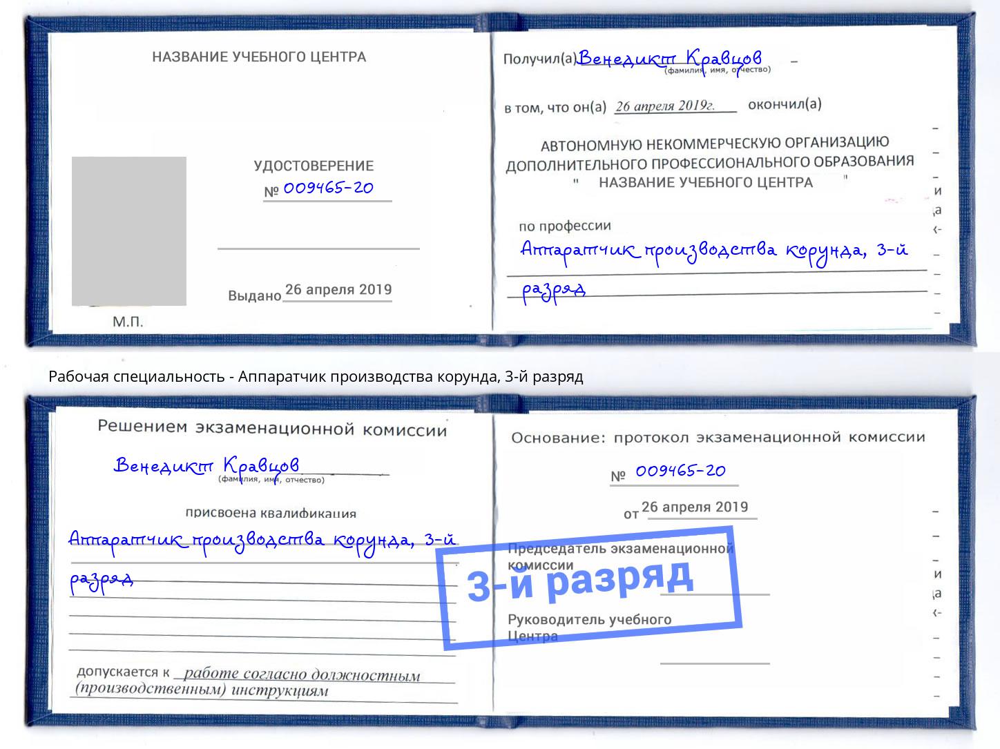 корочка 3-й разряд Аппаратчик производства корунда Партизанск