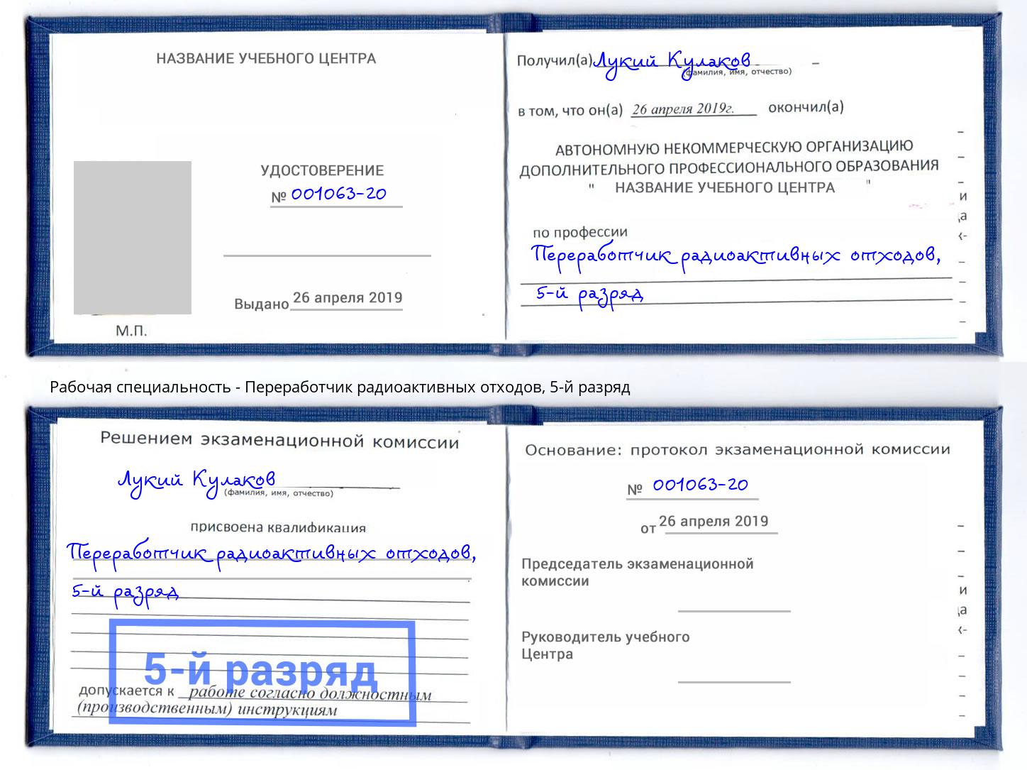 корочка 5-й разряд Переработчик радиоактивных отходов Партизанск