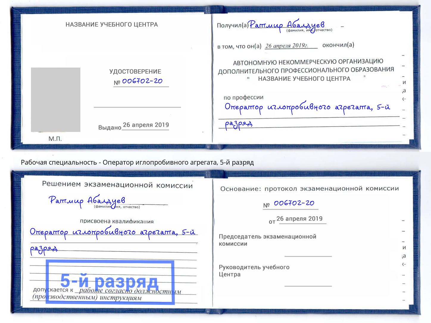 корочка 5-й разряд Оператор иглопробивного агрегата Партизанск