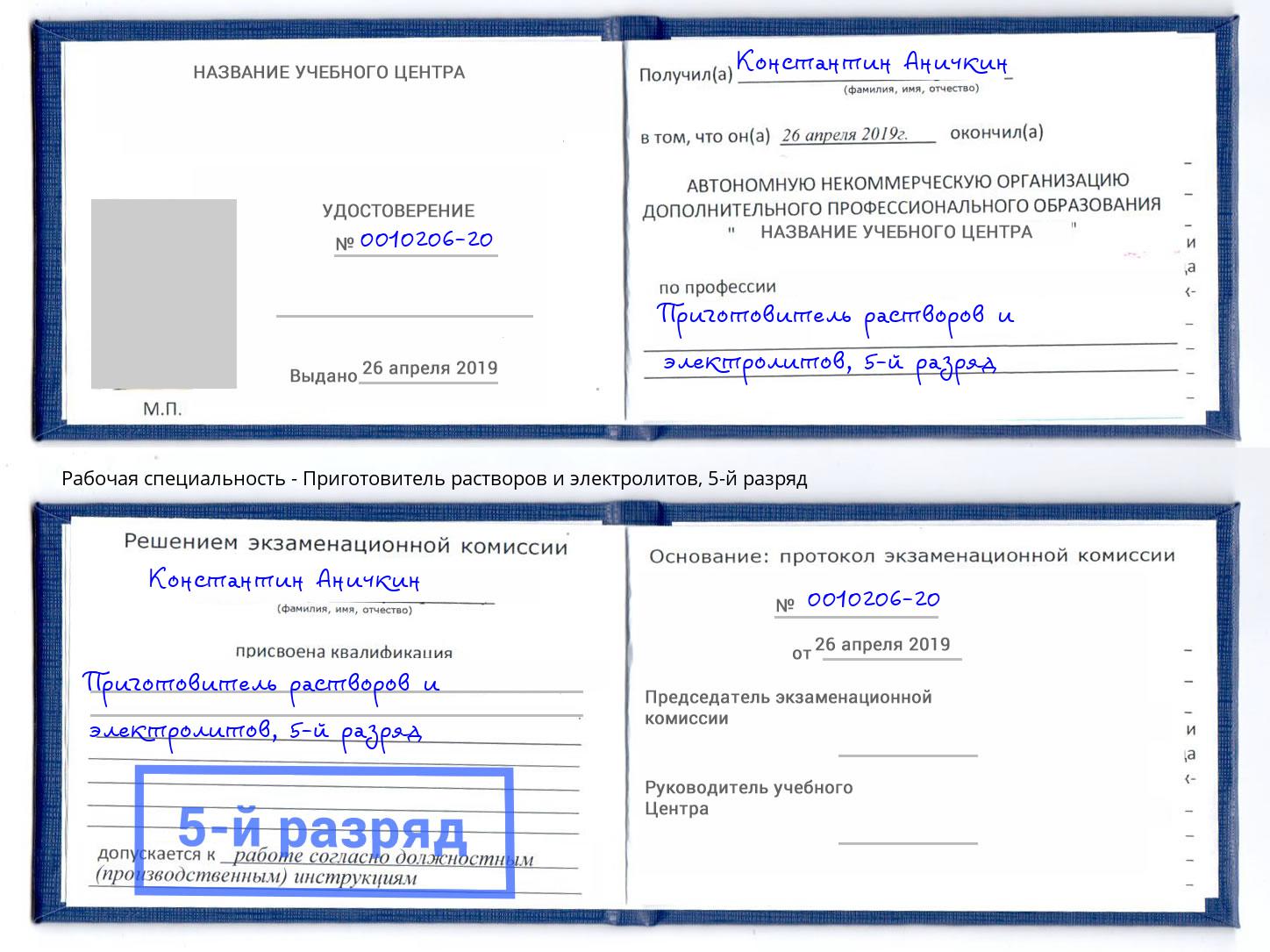 корочка 5-й разряд Приготовитель растворов и электролитов Партизанск