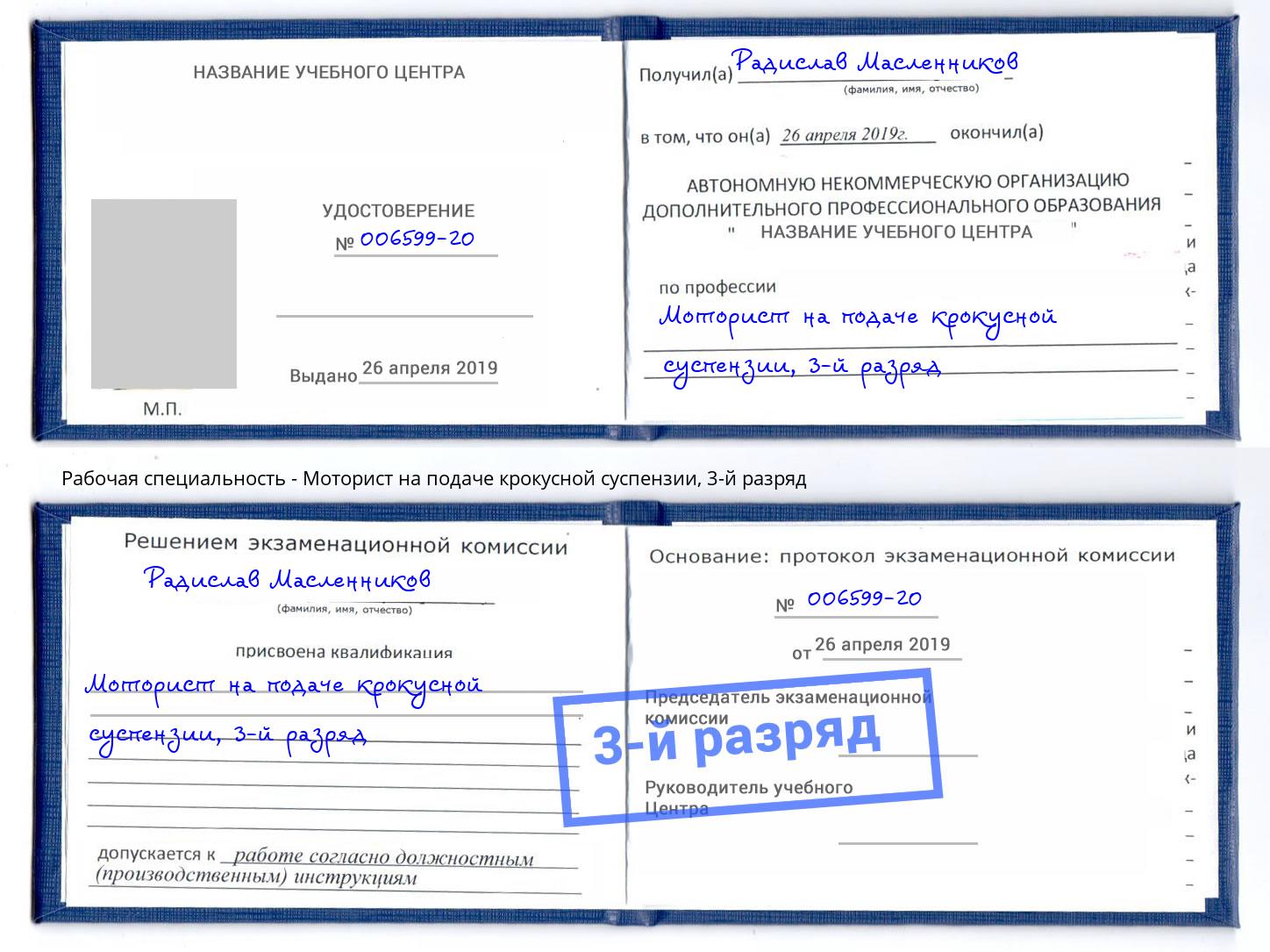 корочка 3-й разряд Моторист на подаче крокусной суспензии Партизанск