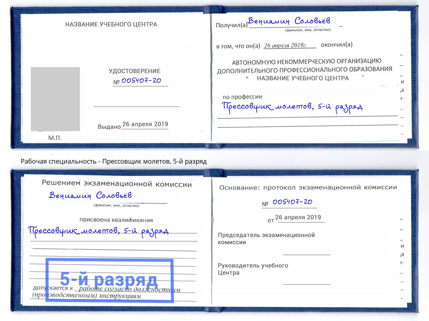 корочка 5-й разряд Прессовщик молетов Партизанск