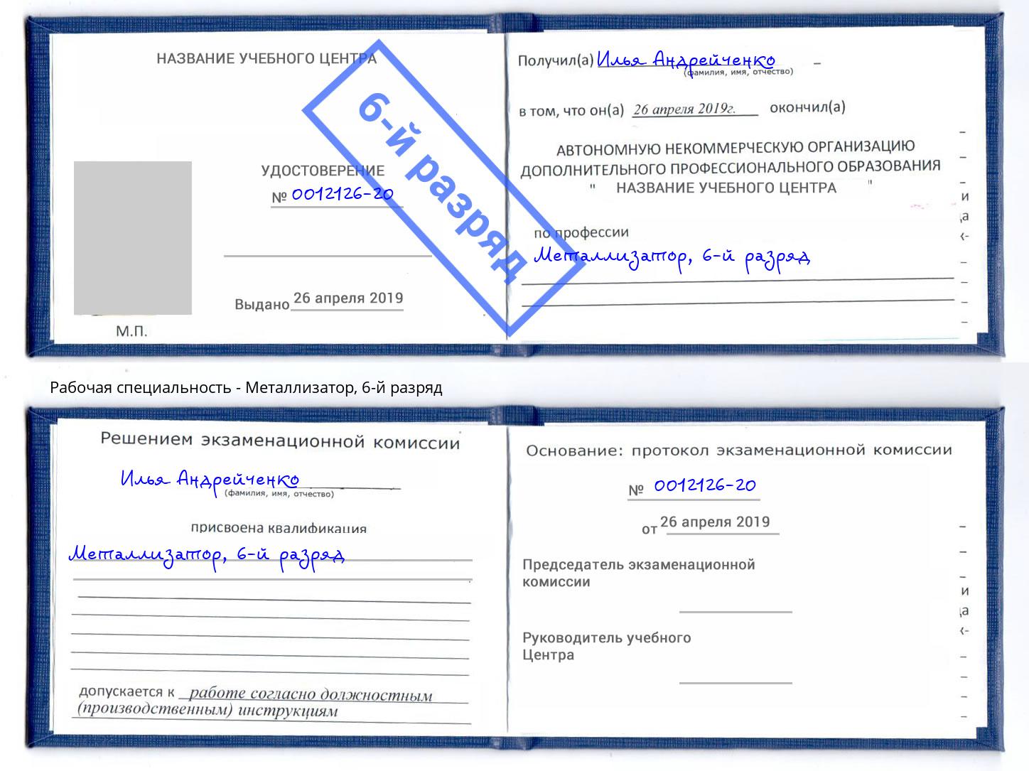 корочка 6-й разряд Металлизатор Партизанск