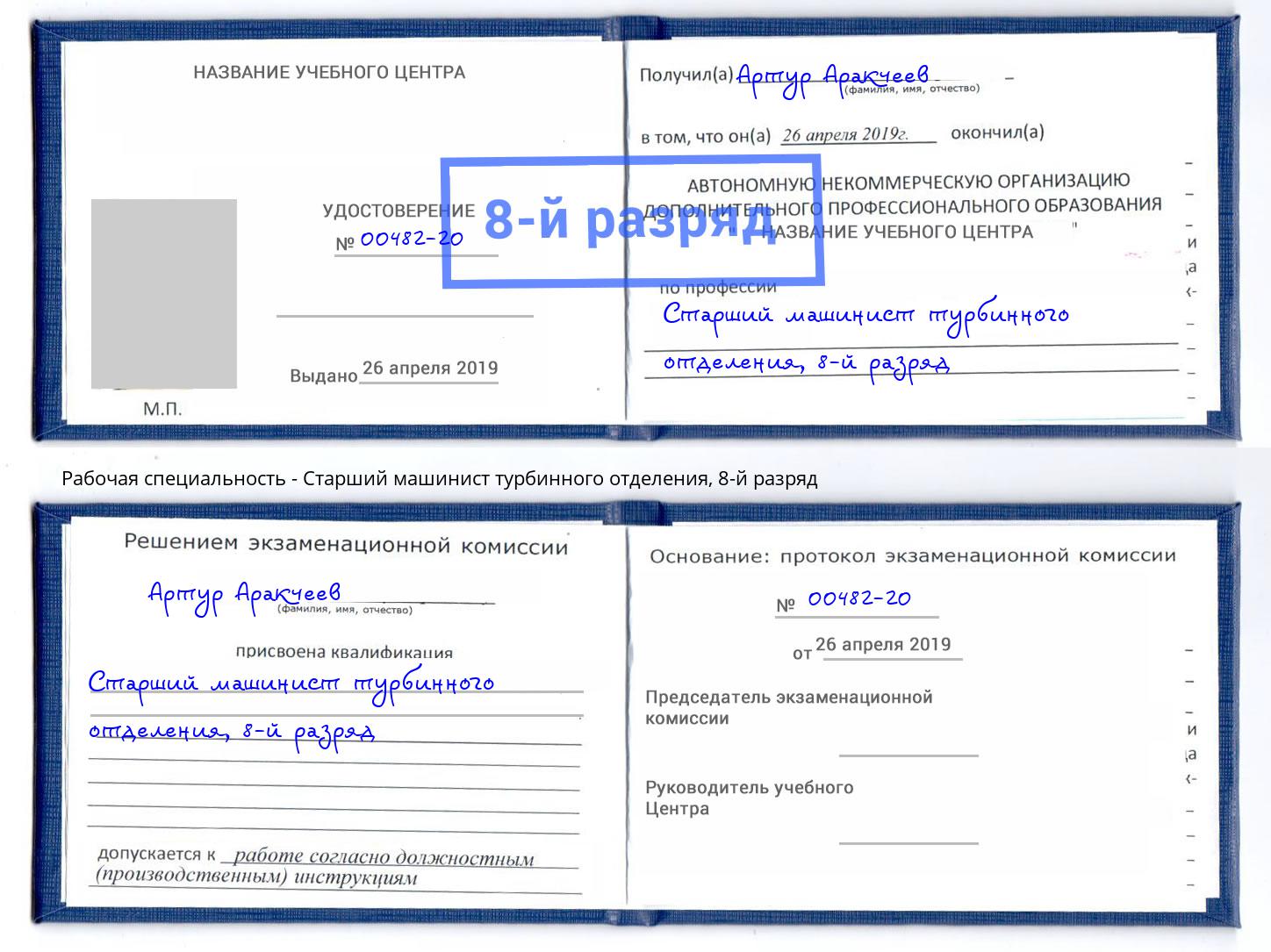 корочка 8-й разряд Старший машинист турбинного отделения Партизанск