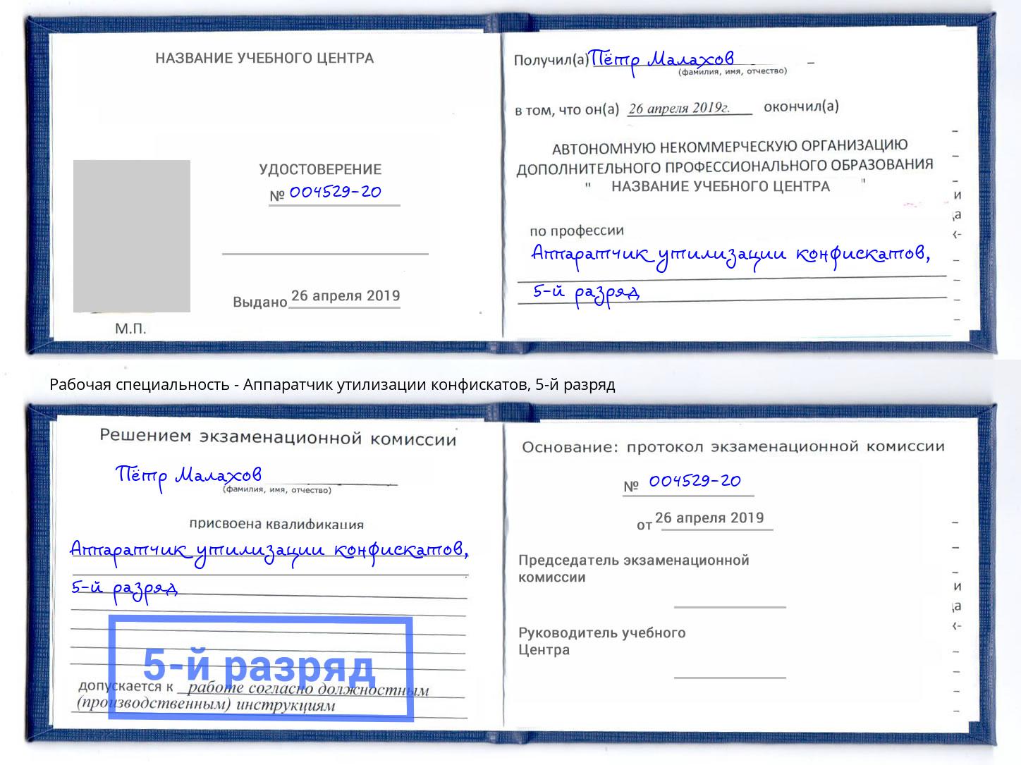 корочка 5-й разряд Аппаратчик утилизации конфискатов Партизанск