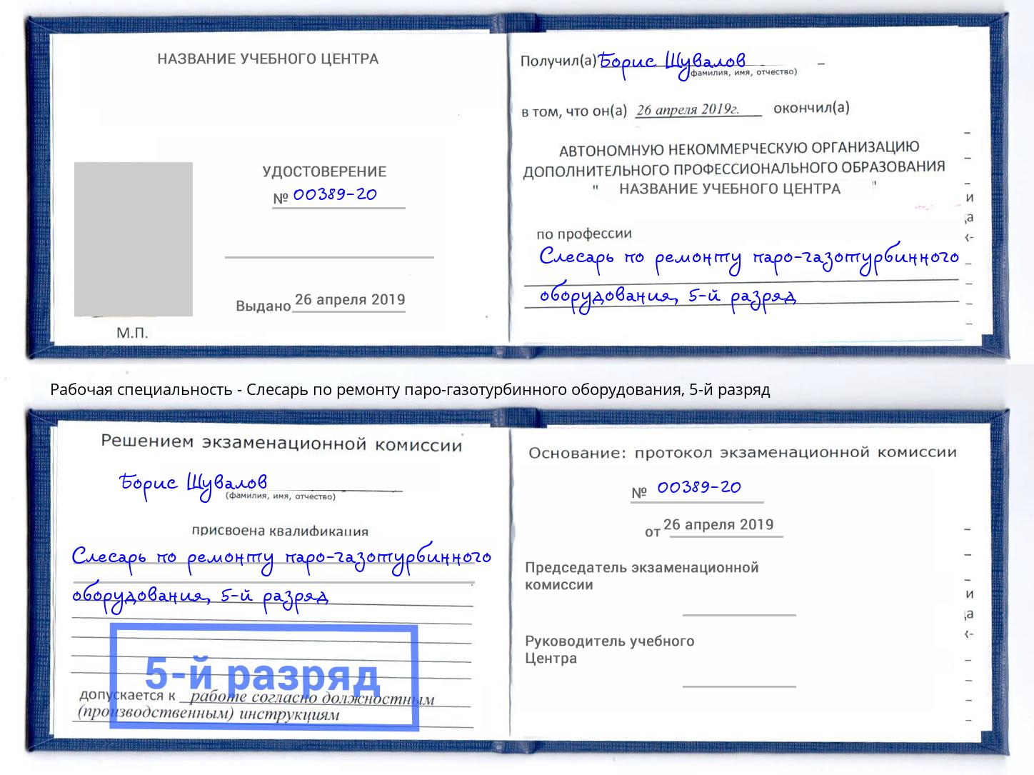 корочка 5-й разряд Слесарь по ремонту паро-газотурбинного оборудования Партизанск