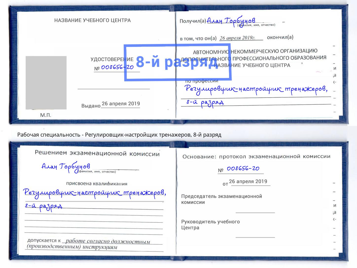 корочка 8-й разряд Регулировщик-настройщик тренажеров Партизанск