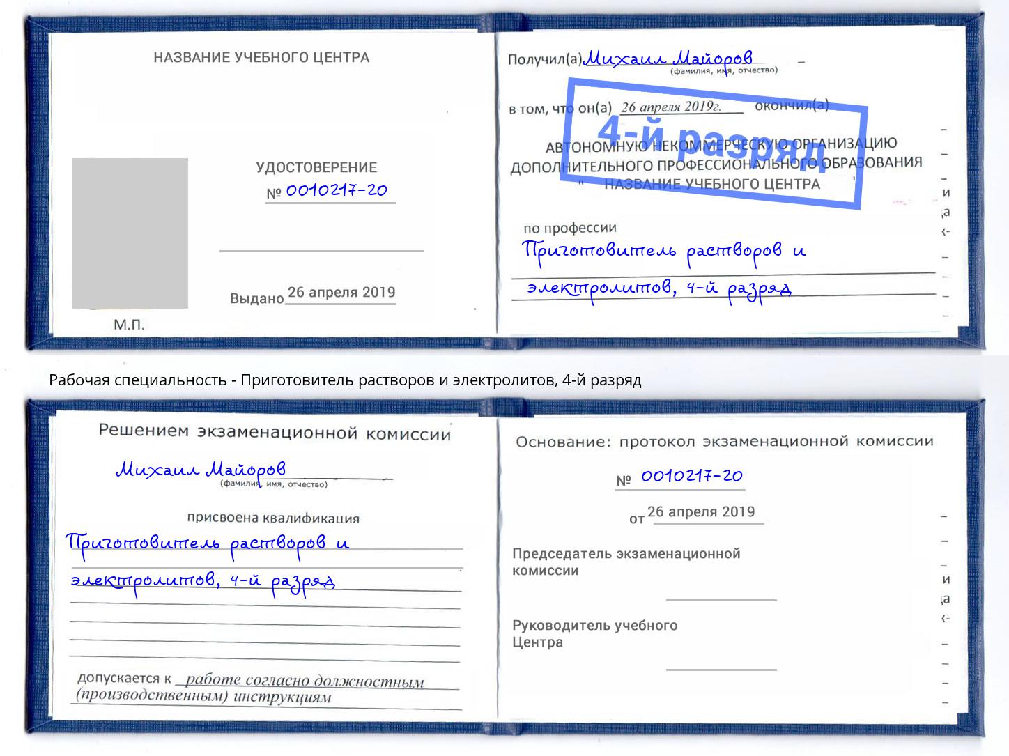 корочка 4-й разряд Приготовитель растворов и электролитов Партизанск