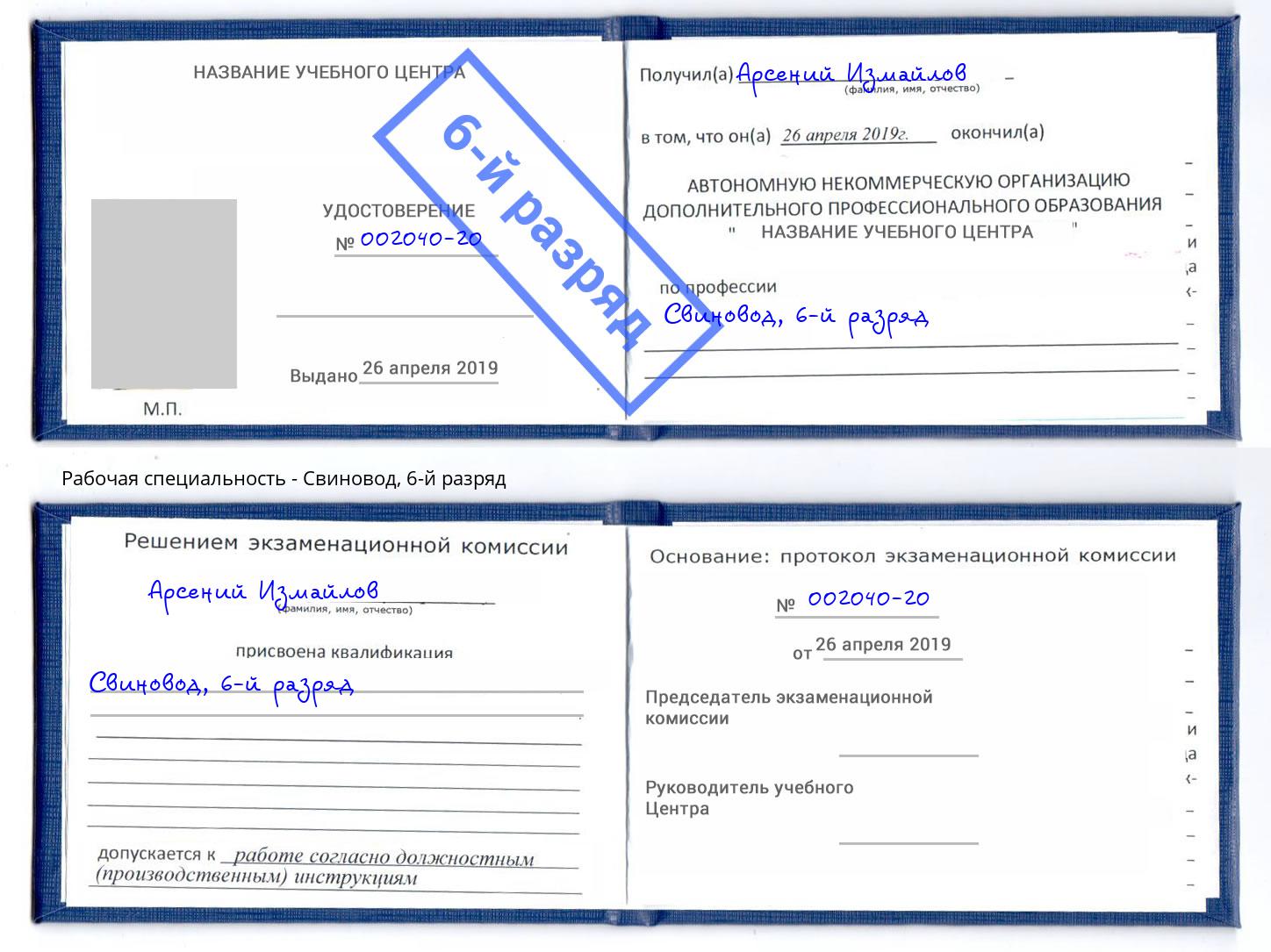 корочка 6-й разряд Свиновод Партизанск