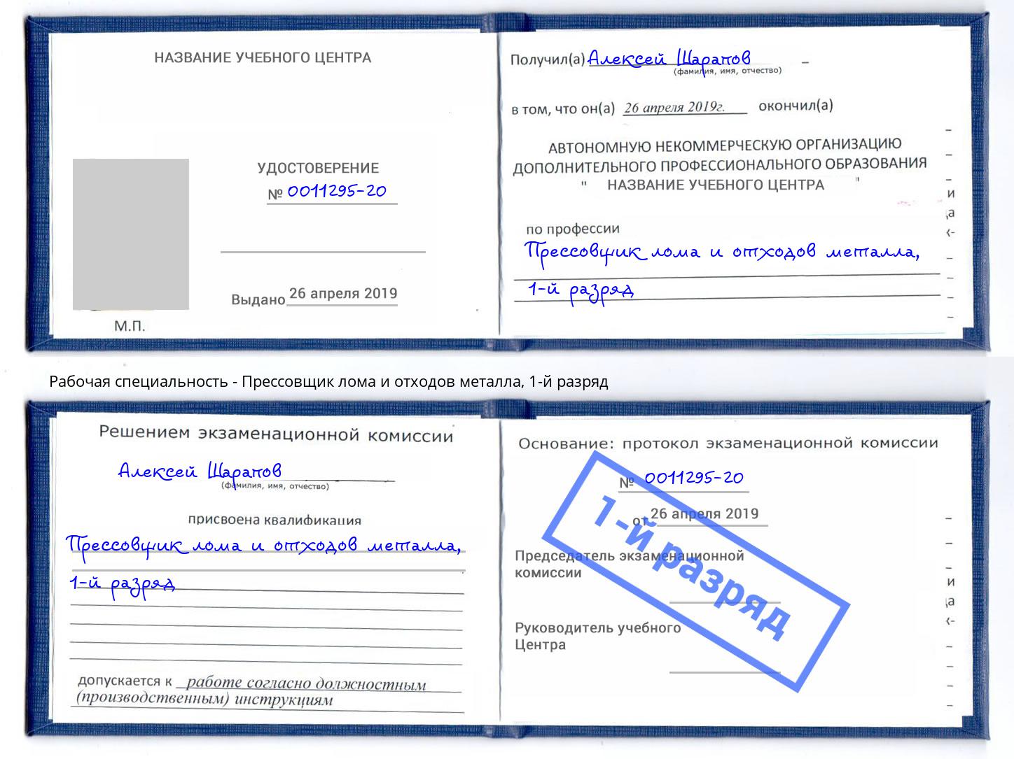 корочка 1-й разряд Прессовщик лома и отходов металла Партизанск