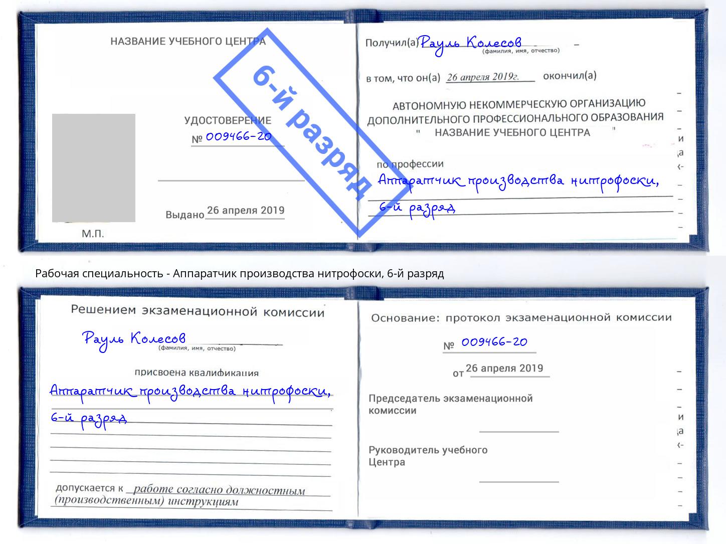 корочка 6-й разряд Аппаратчик производства нитрофоски Партизанск