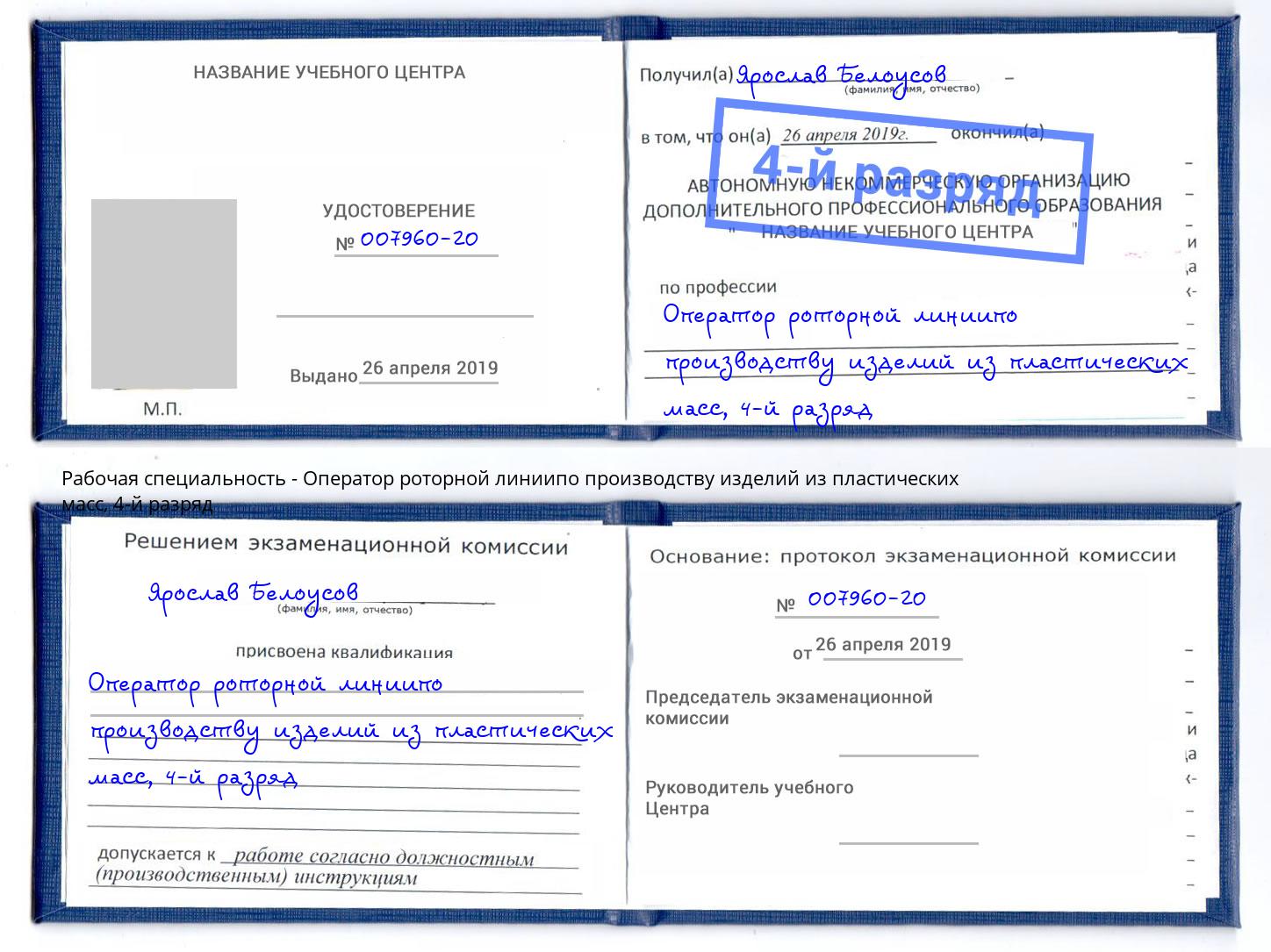 корочка 4-й разряд Оператор роторной линиипо производству изделий из пластических масс Партизанск