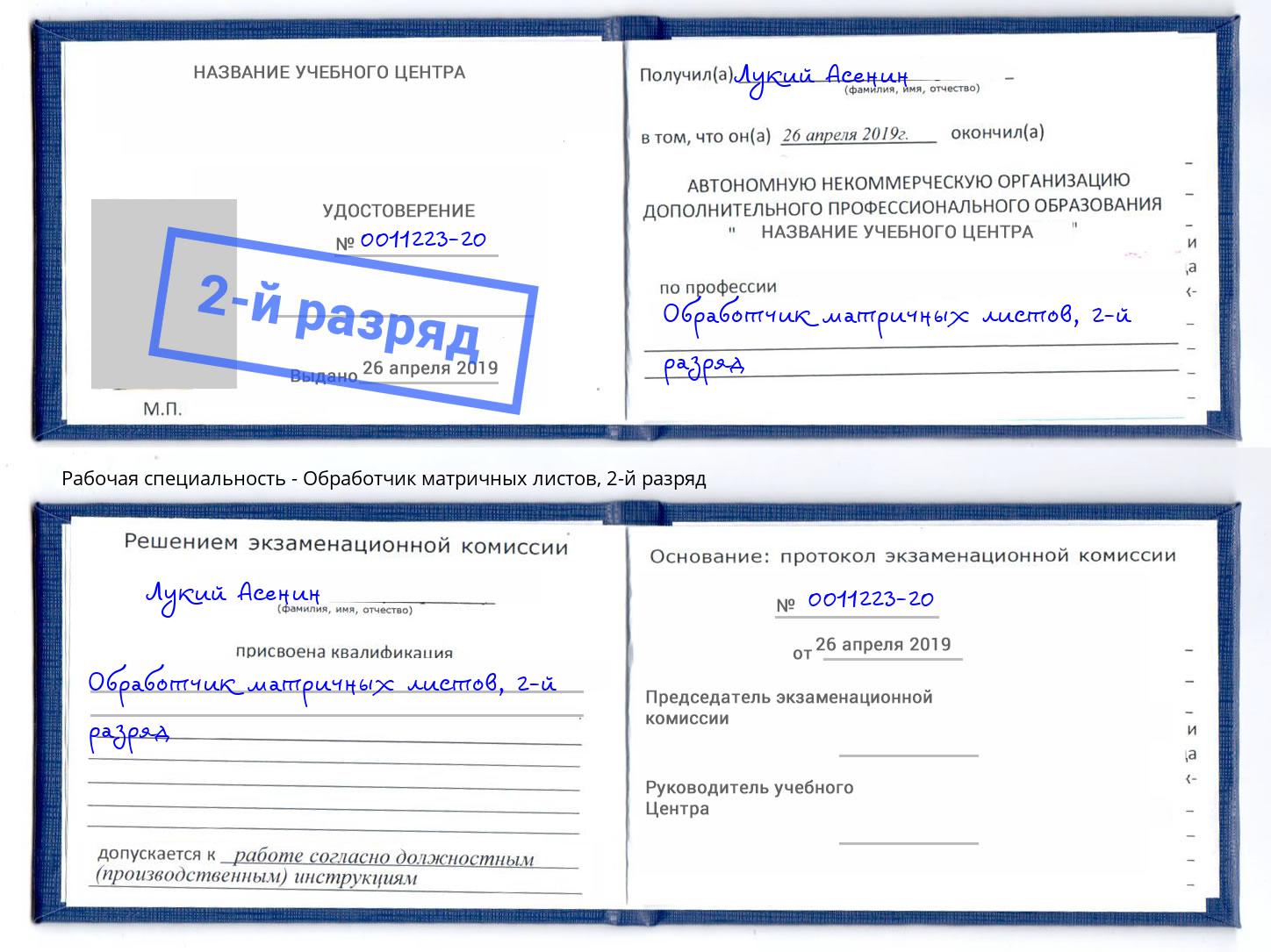 корочка 2-й разряд Обработчик матричных листов Партизанск