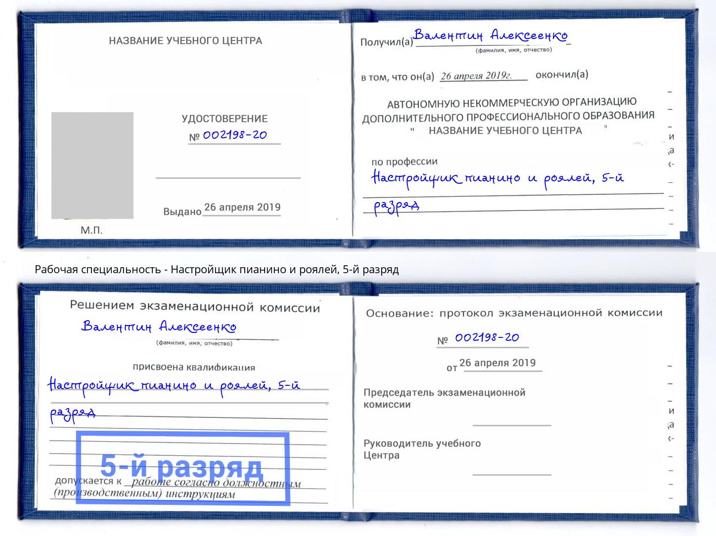 корочка 5-й разряд Настройщик пианино и роялей Партизанск