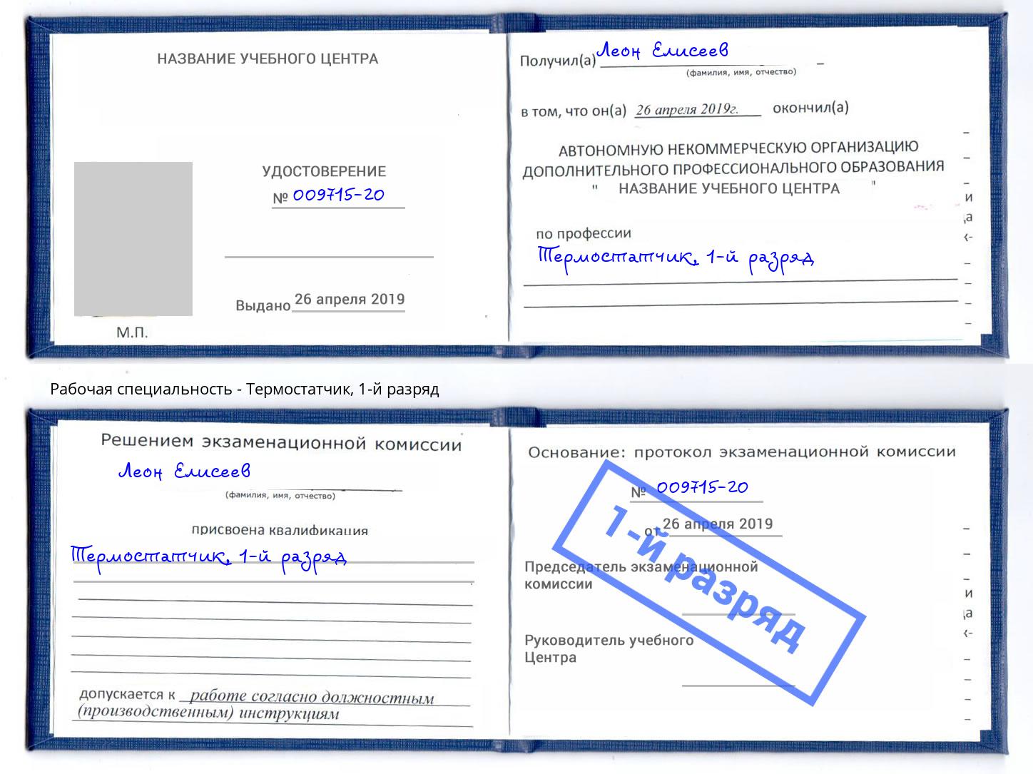 корочка 1-й разряд Термостатчик Партизанск