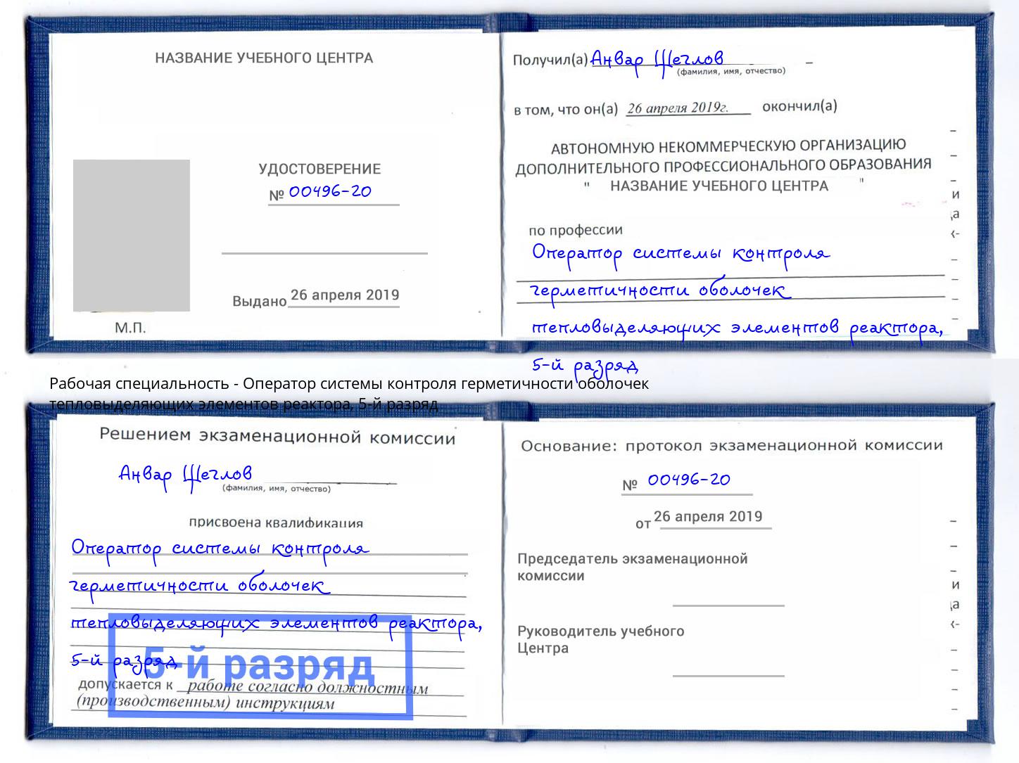 корочка 5-й разряд Оператор системы контроля герметичности оболочек тепловыделяющих элементов реактора Партизанск
