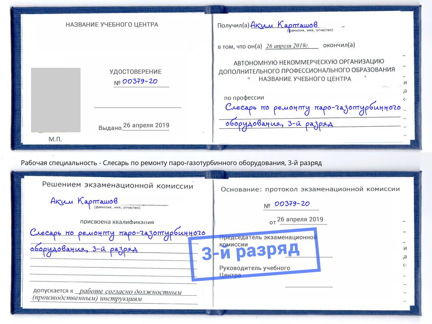 корочка 3-й разряд Слесарь по ремонту паро-газотурбинного оборудования Партизанск