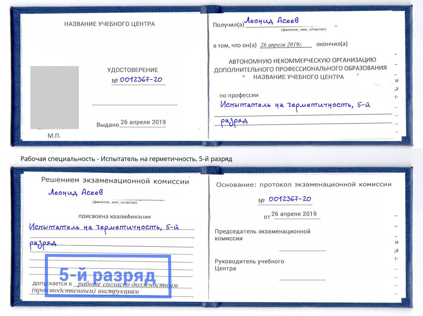 корочка 5-й разряд Испытатель на герметичность Партизанск