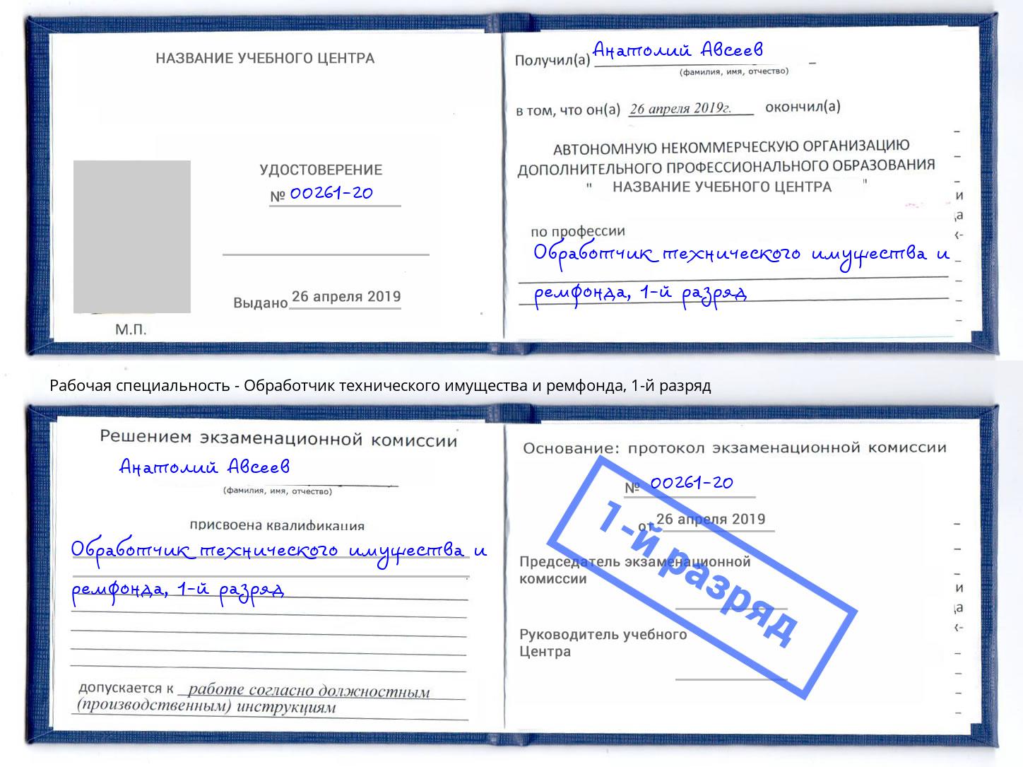 корочка 1-й разряд Обработчик технического имущества и ремфонда Партизанск