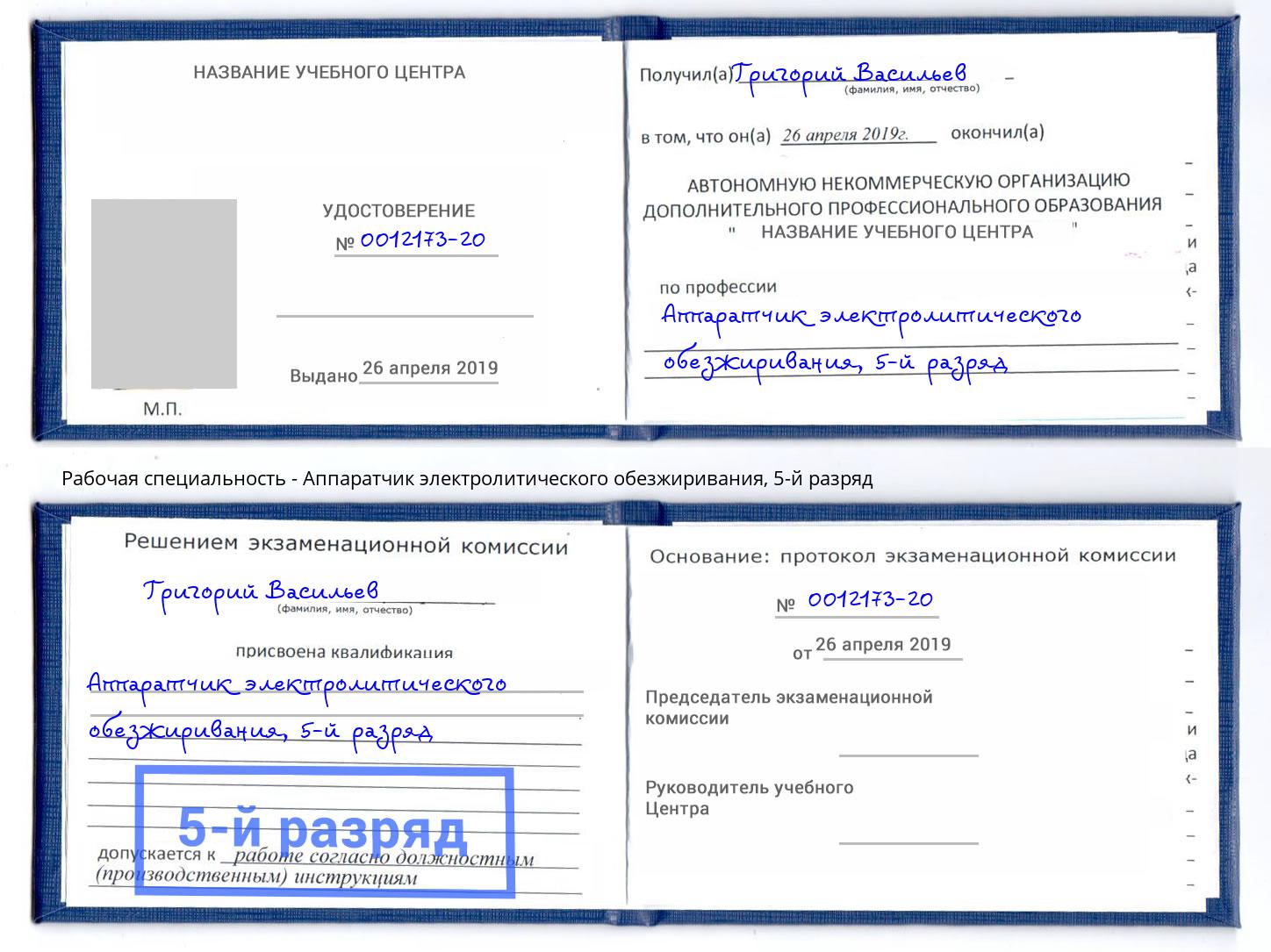 корочка 5-й разряд Аппаратчик электролитического обезжиривания Партизанск